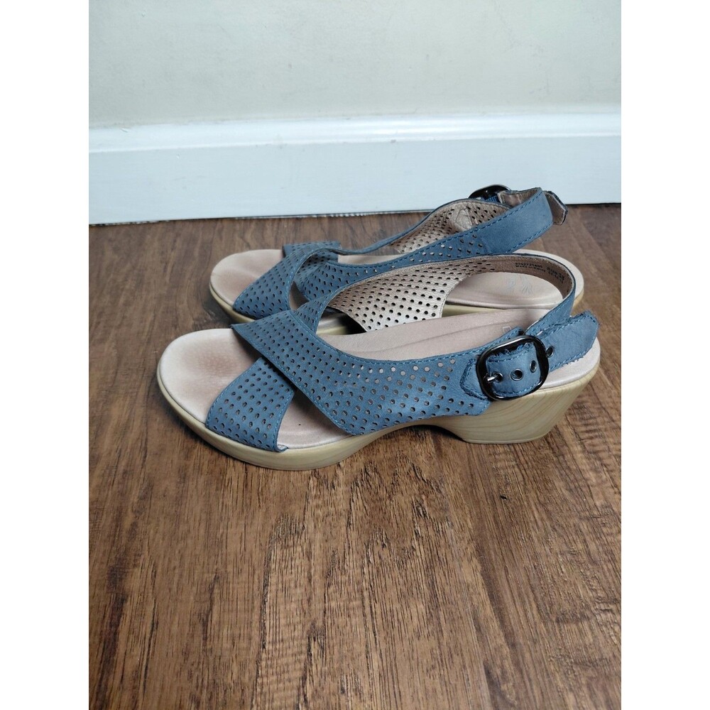 Dansko Jacinda Blue Perforated Nubuck Slingback Criss Cross Strap Sandals Sz 38
